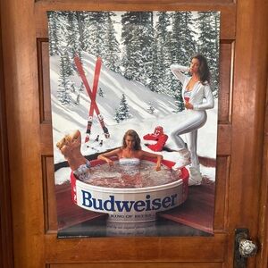 Vintage 1989 Budweiser Winter Hot Tub Scene Poster King Of Beers